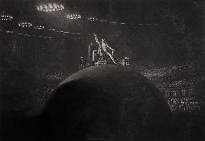 John Martin, Satan Presiding at the Infernal Council, Mezzotint and engraving, size unknown, 1824, Victoria and Albert Museum